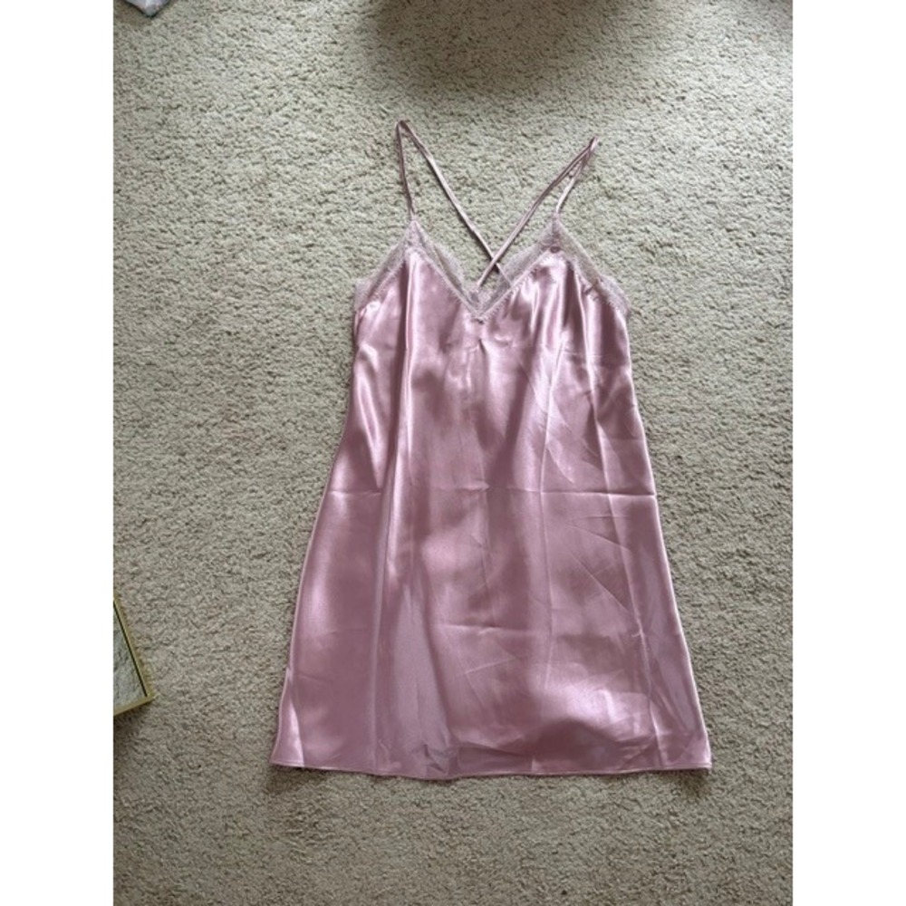 In Bloom by Jonquil Slip Dress Small Pink Satin Lace Trim Strappy Chemise